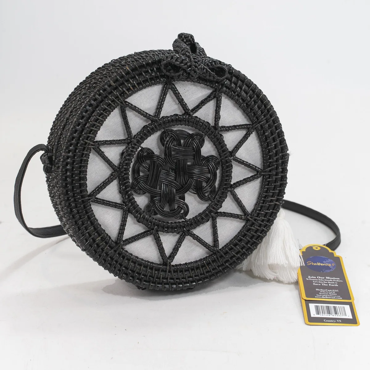 ShelterCast ShelterCast Handwoven Round Rattan Bag Large Black White Tassel — product photo