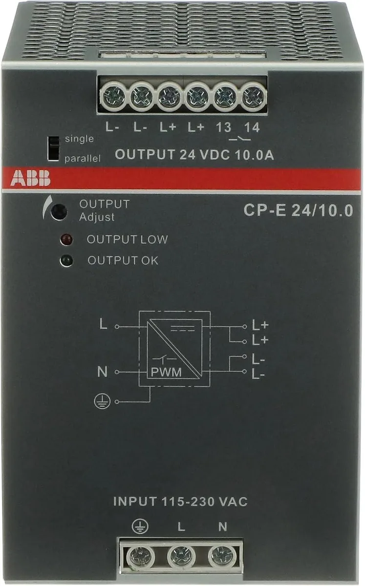 Compact grey DIN rail power supply, 83mm wide, green and red status LEDs, screw terminals