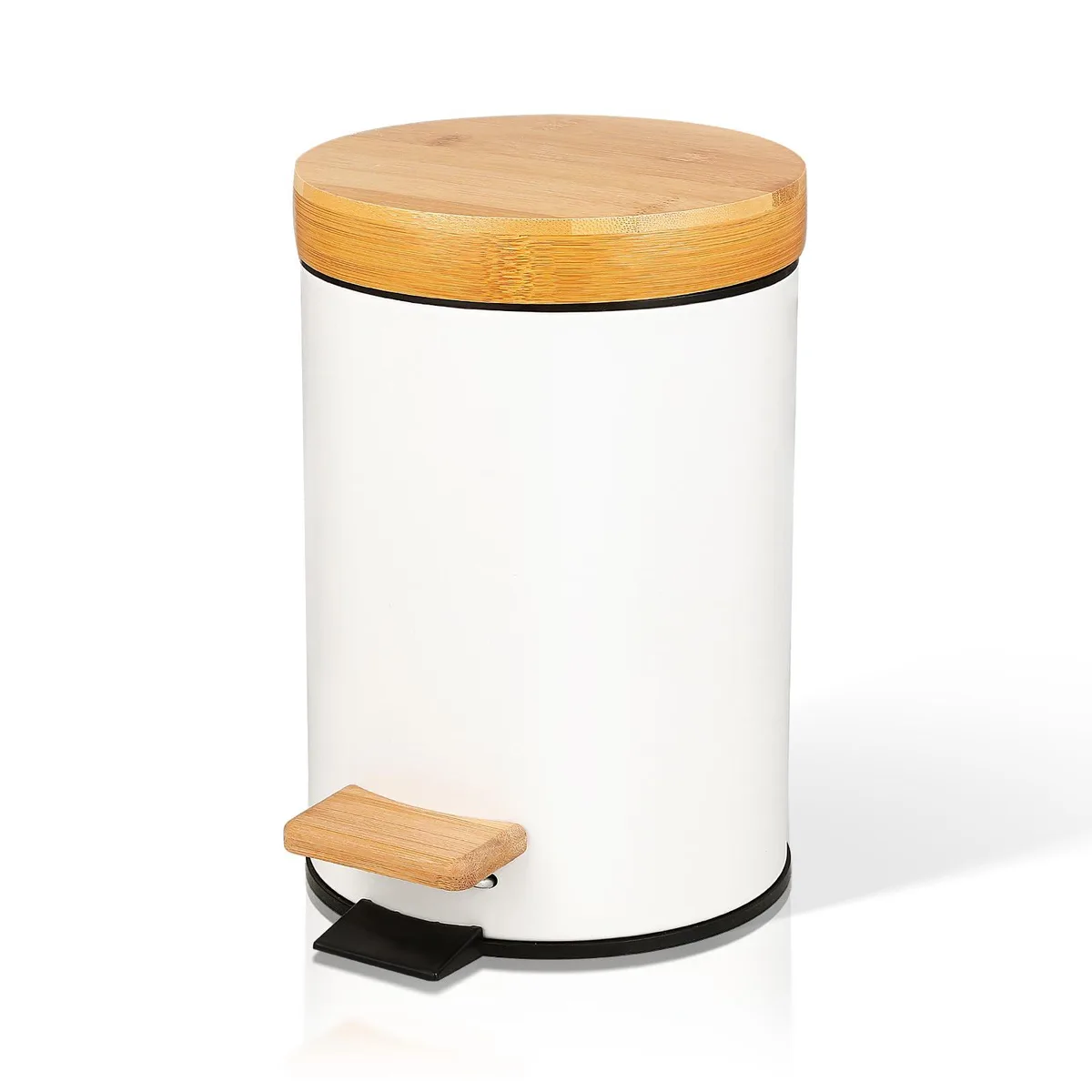 Three white plastic bins with bamboo lids and foot pedals