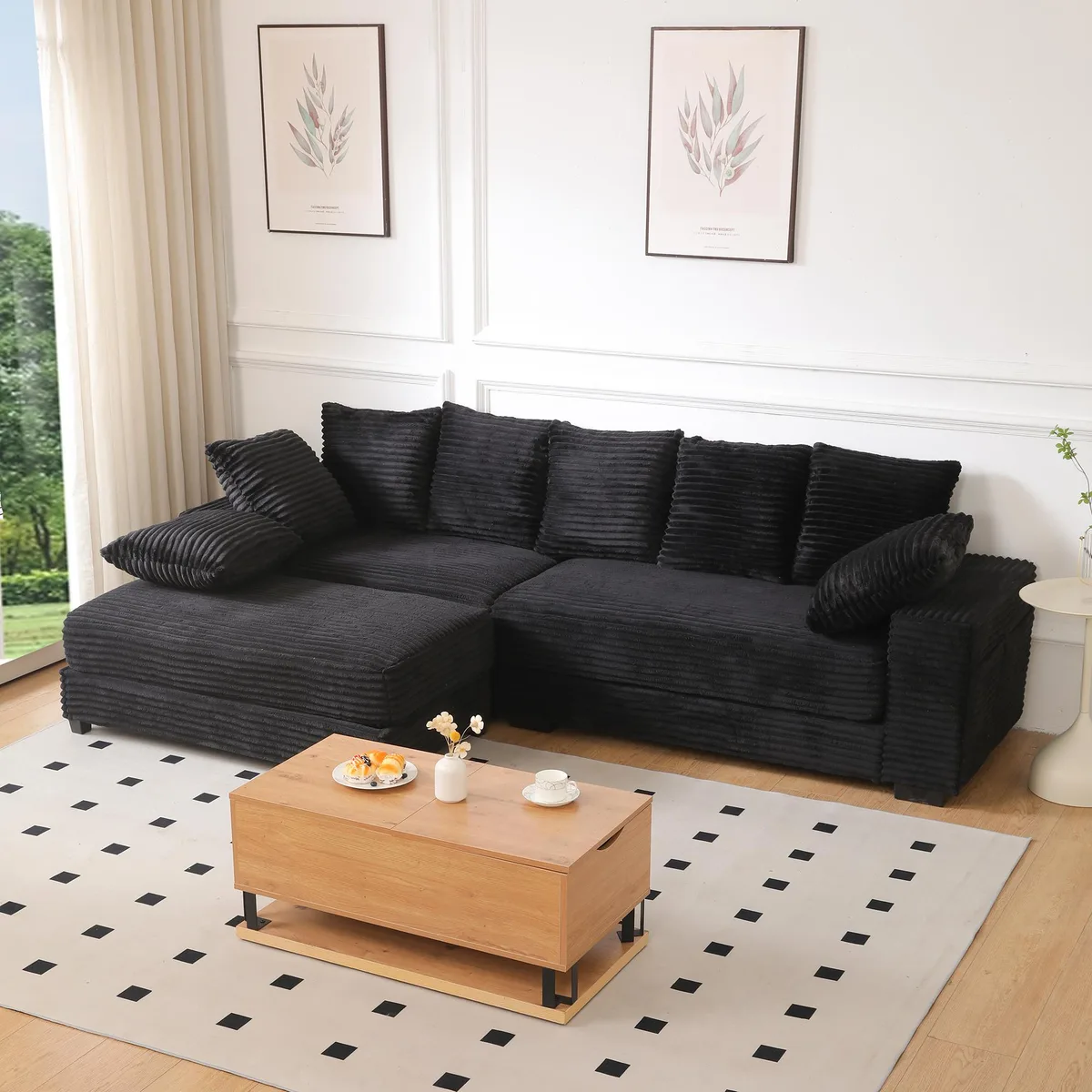 tuphen tuphen 108.6" L-Shaped Sectional Sofa Corduroy Black with Storage Ottoman and Eight Throw Pillows — product photo