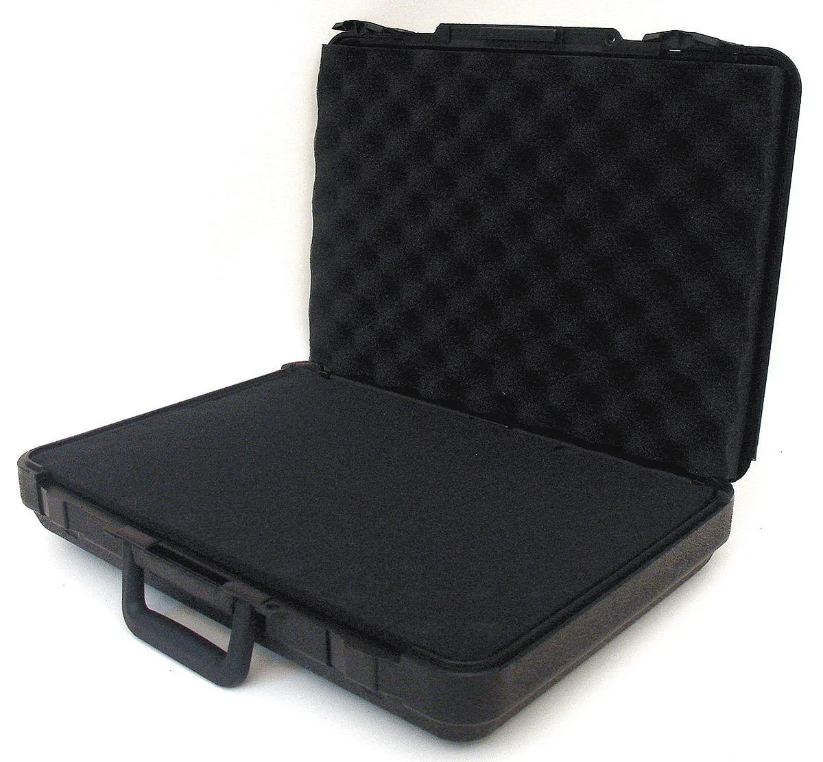 Black protective case, rectangular shape, folding handle, two latches