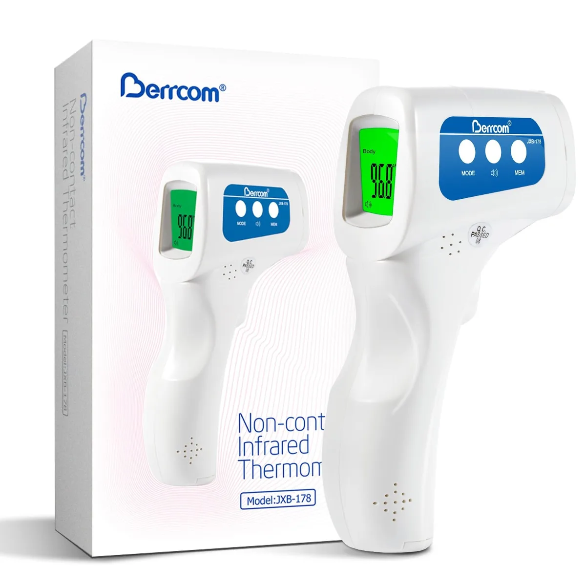 White handheld infrared thermometer with LCD display and trigger button