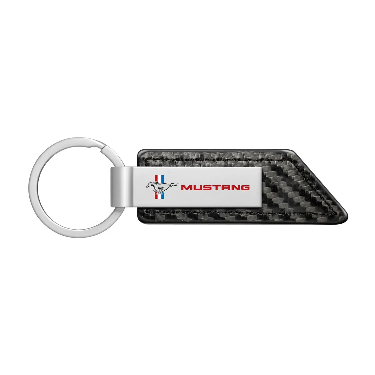 Black PU leather key fob with carbon texture, metal Mustang tri-bar logo, flat split ring
