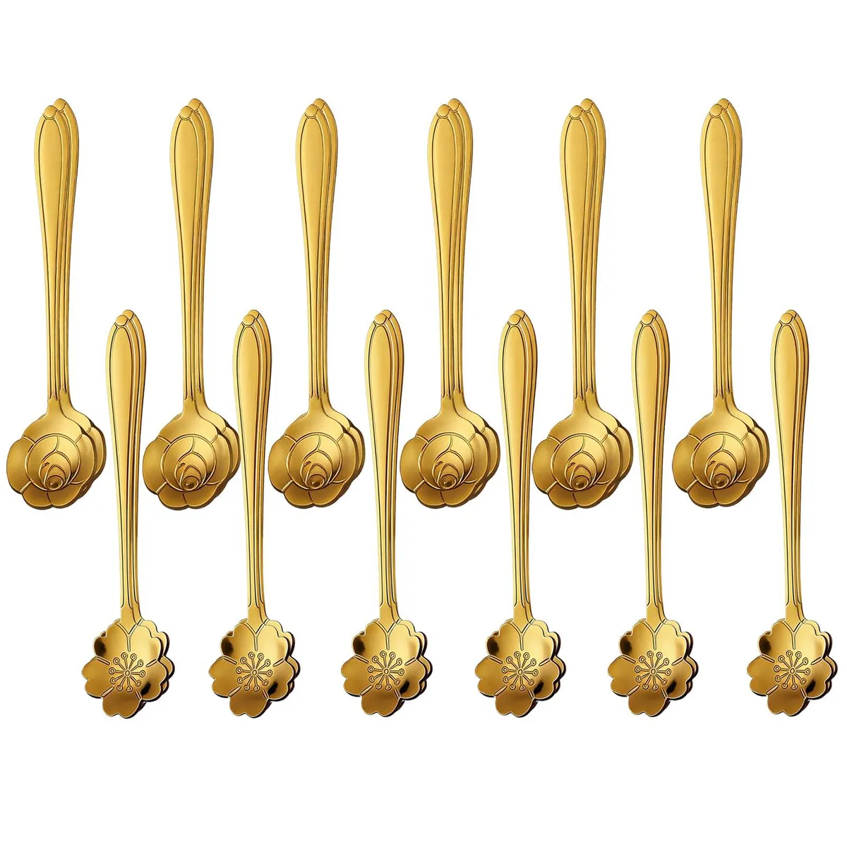 Gold stainless steel cutlery set, 24 small spoons with floral handles, mirror finish