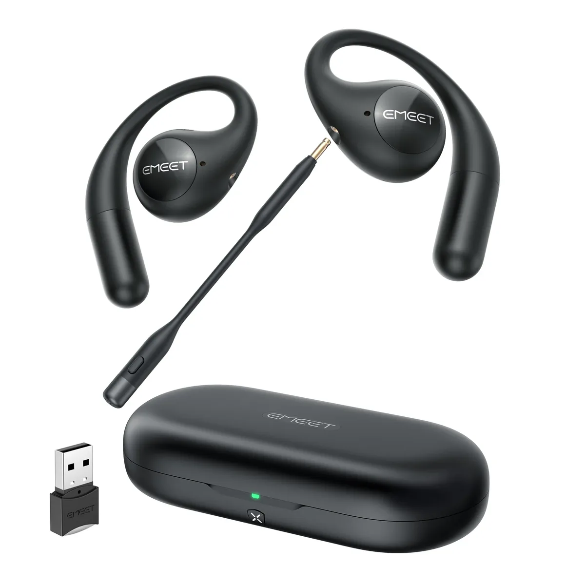 Black open-ear earbuds with detachable boom microphone and USB dongle