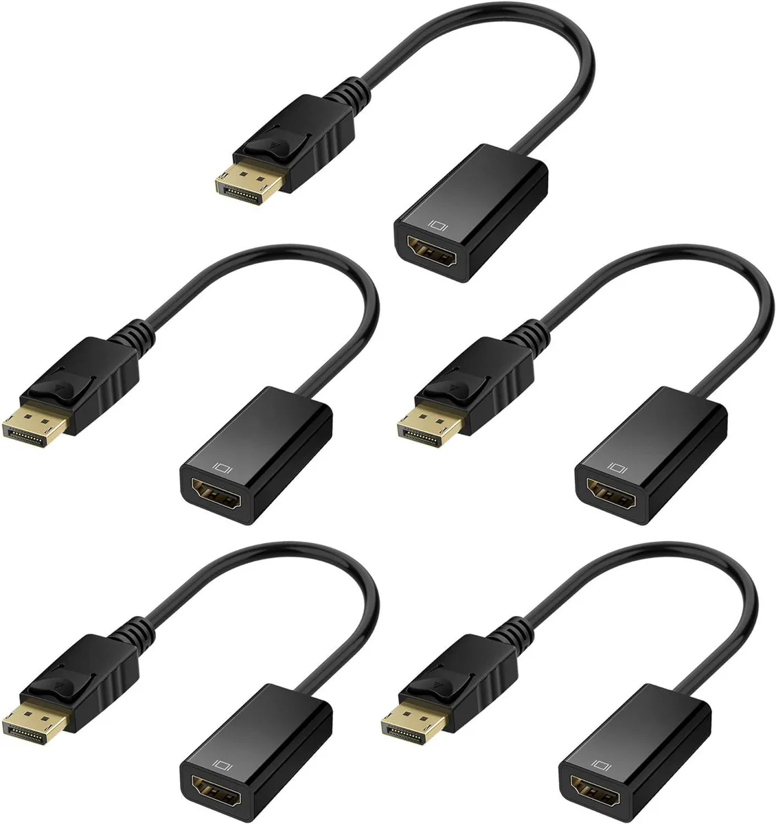 Five black DisplayPort male to HDMI female adapter cables