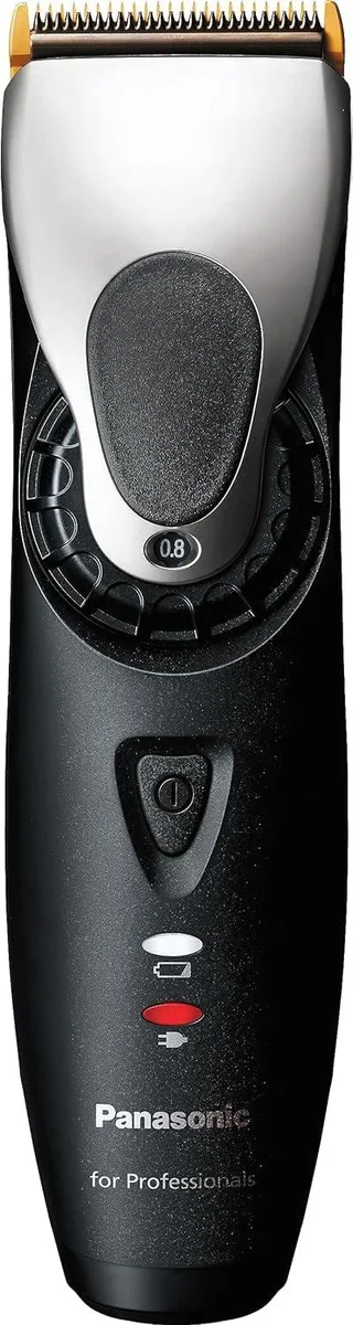 Black professional hair clipper with rotary adjustment knob and three comb attachments