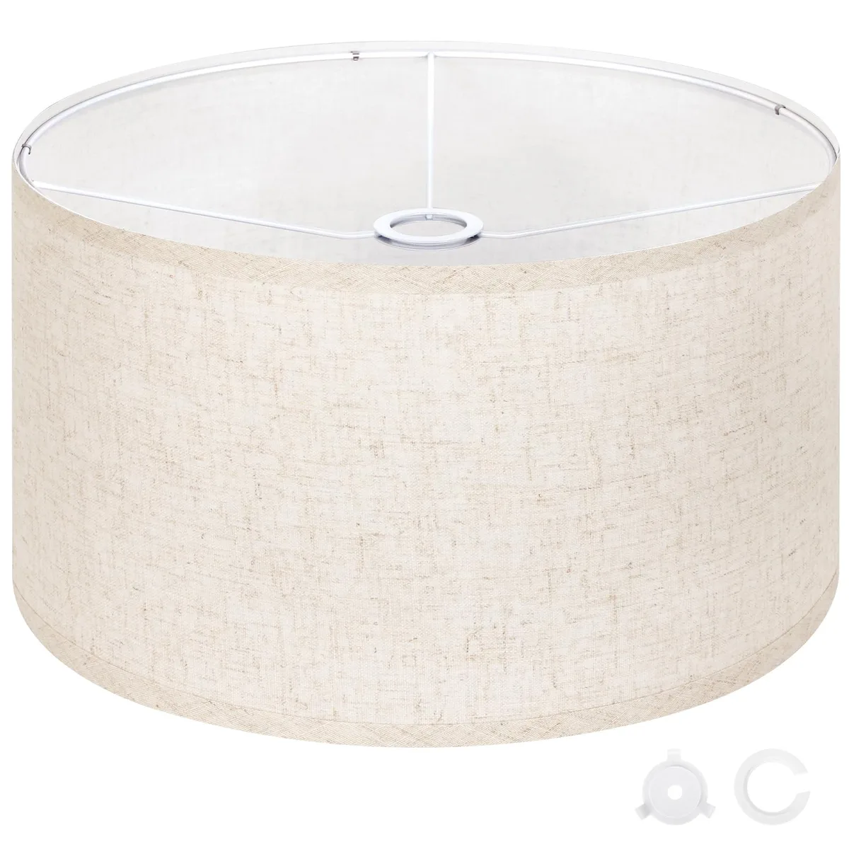 Beige linen drum shade 17.5 inches wide 10 inches high 1.65 inch spider fitting