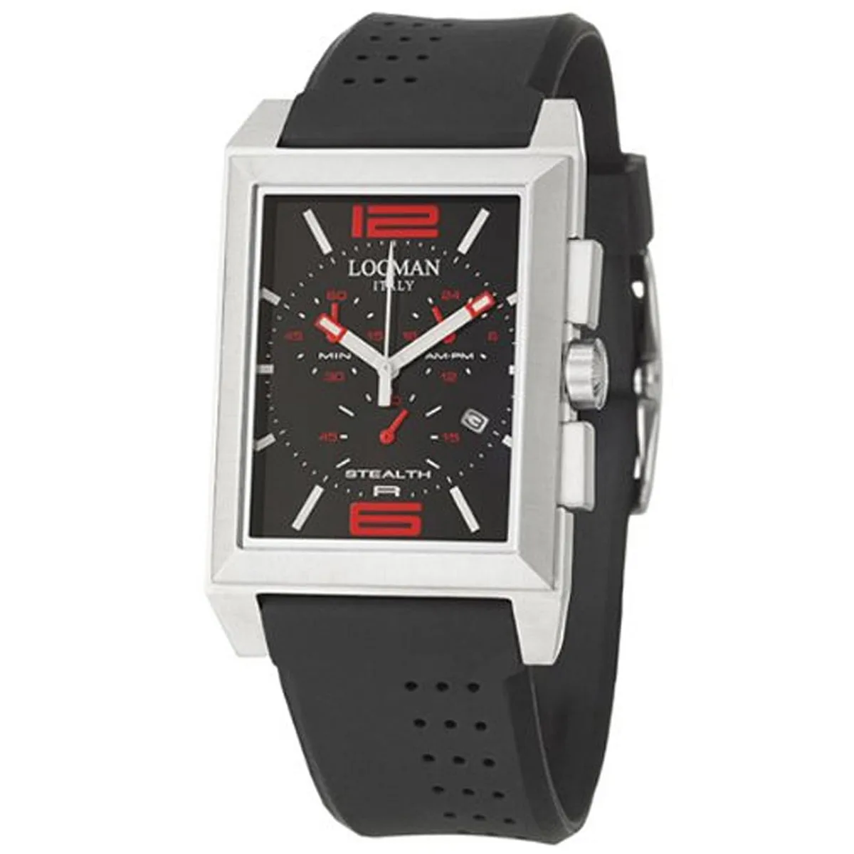 Black stainless steel quartz watch with silicone strap and black dial