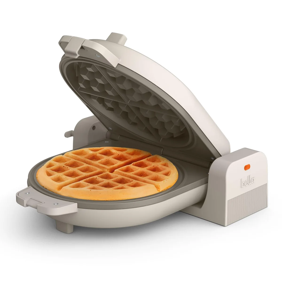 Oatmilk waffle maker, 1.5" deep plates, cool-touch handle, upright storage design