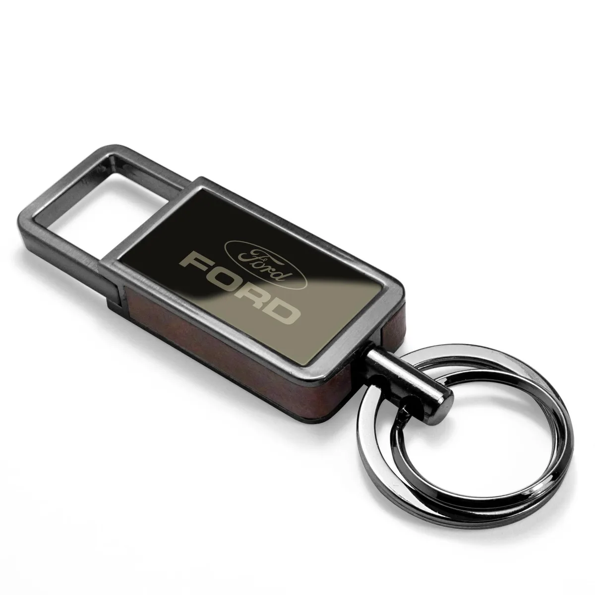 Black rectangular metal key chain with pull-top hook and Ford logo