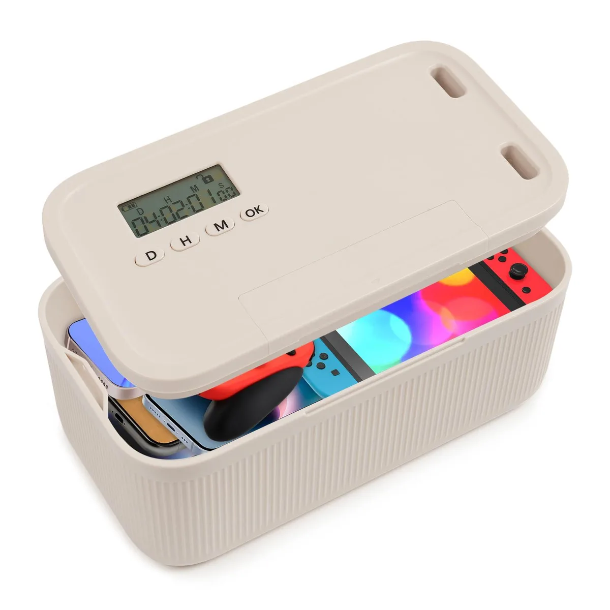 Red rectangular timed lock box with digital display and control buttons on lid