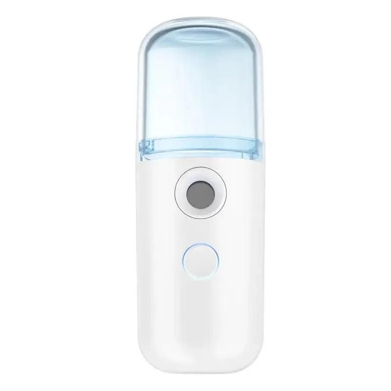 White handheld nano facial mister, 30 ml capacity, USB rechargeable, ABS finish