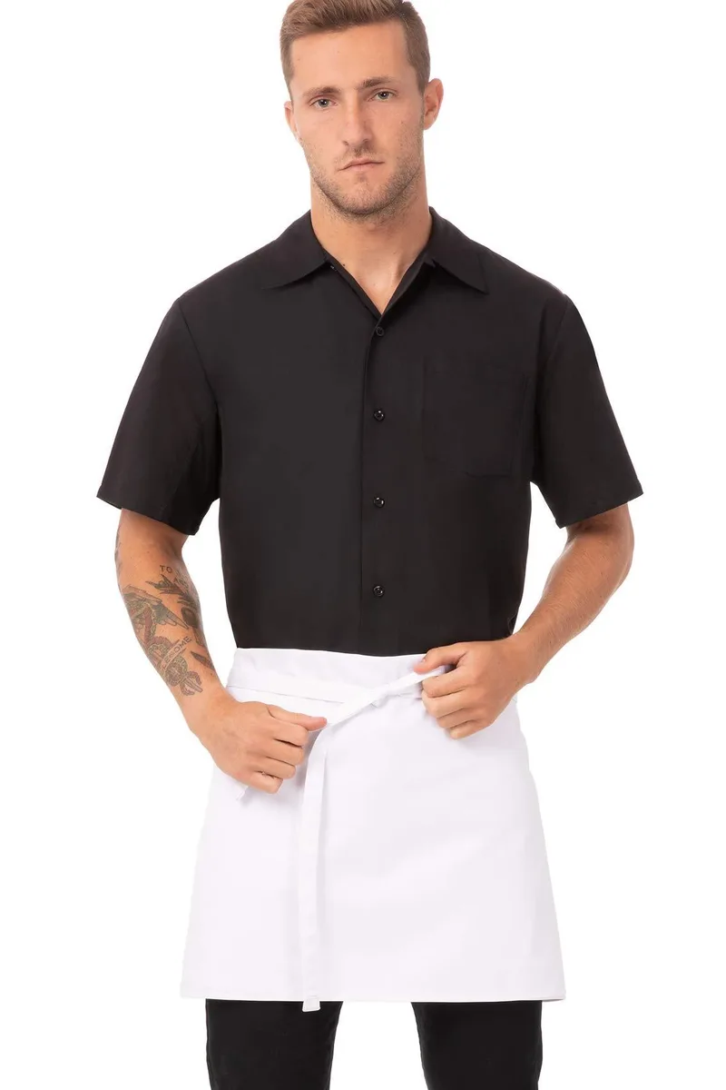 White waist apron with long ties, smooth polyester-cotton blend fabric, no pockets, four-way flip design