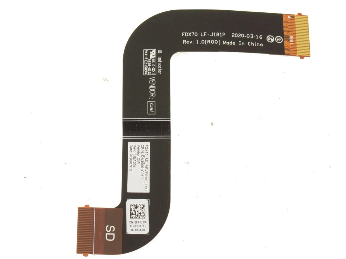 Flat orange ribbon cable with multiple connectors on dark surface