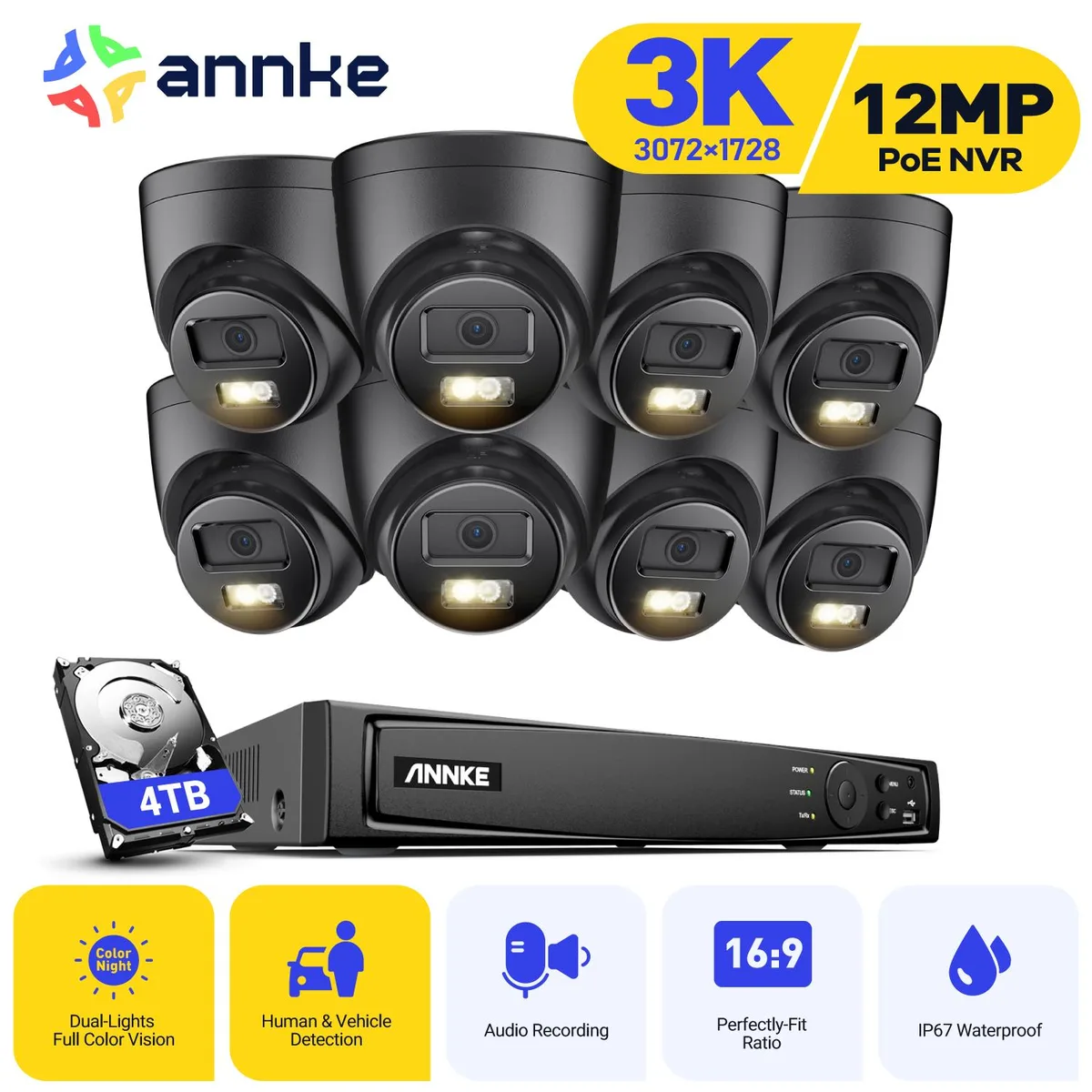 Annke Annke H.265+ 8CH PoE Surveillance Security System 12MP NVR 8x 3K Cameras 4TB HDD — product photo