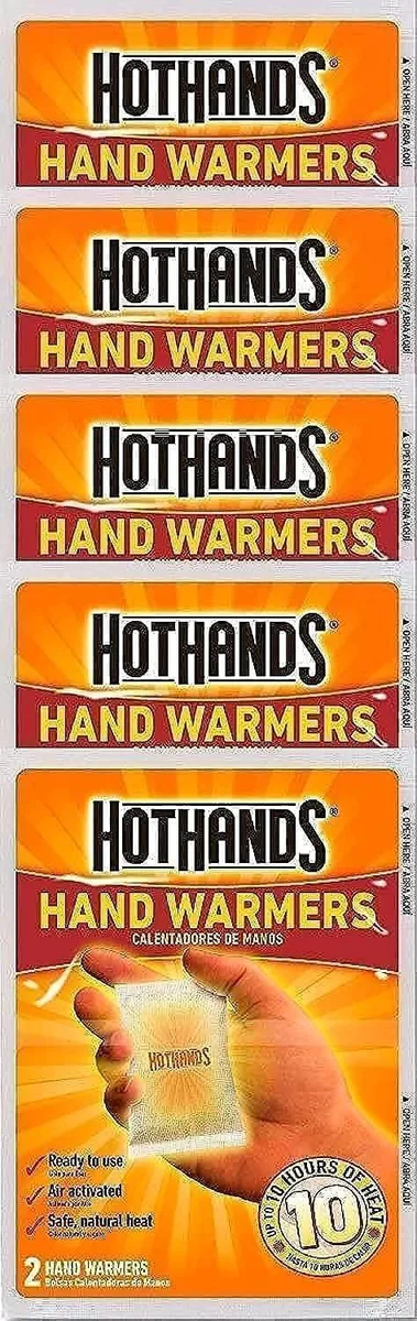 Orange polyurethane hand warmers in ten-count pack