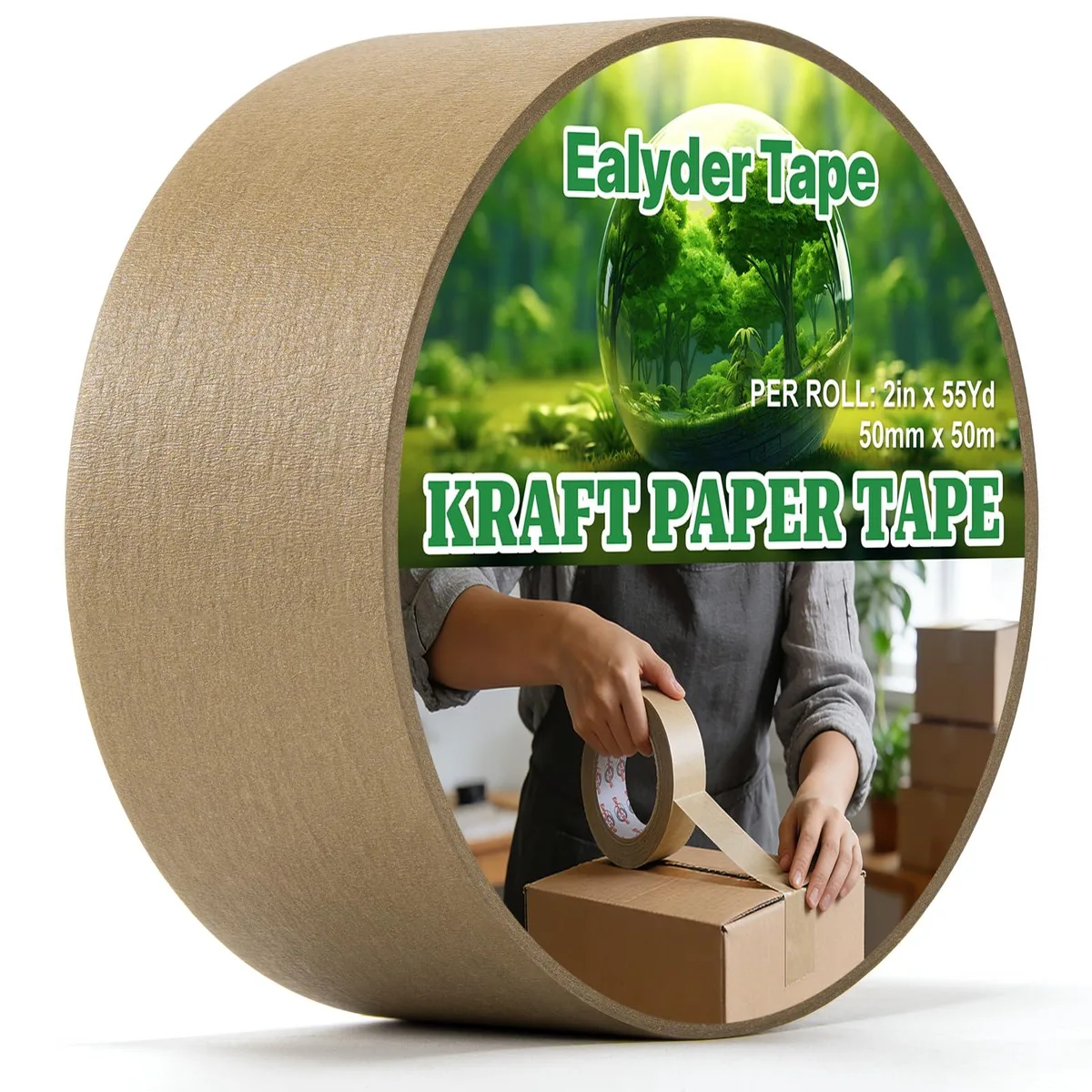 Single roll of brown kraft paper tape on a cardboard core