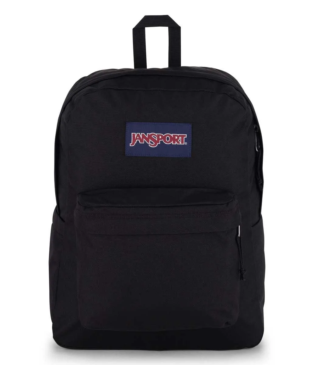 Black polyester backpack with padded back panel, shoulder straps and side bottle pocket