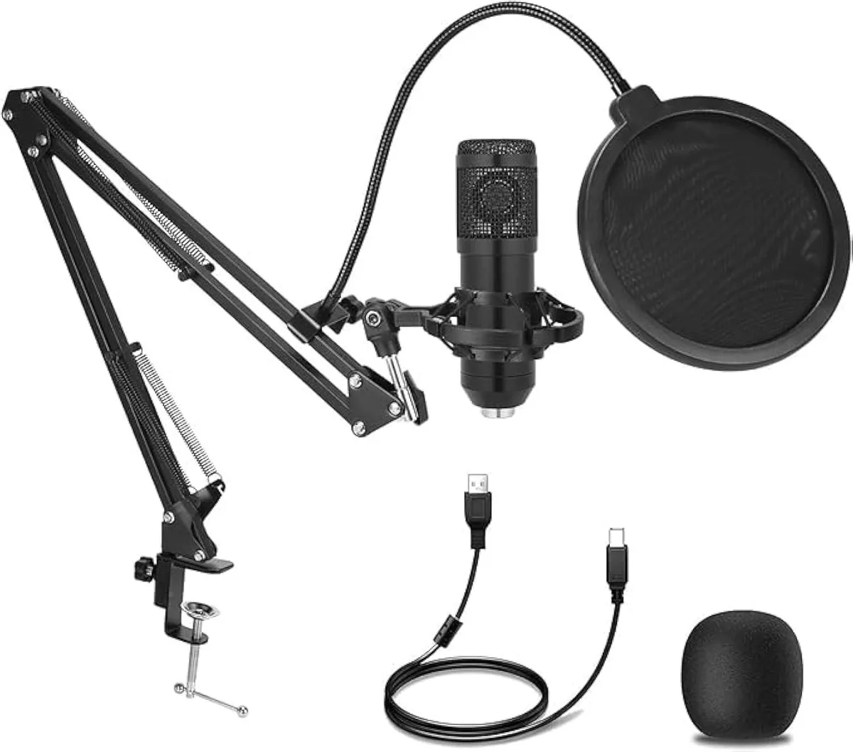 Chrome condenser microphone on scissor arm stand with pop filter and shock mount