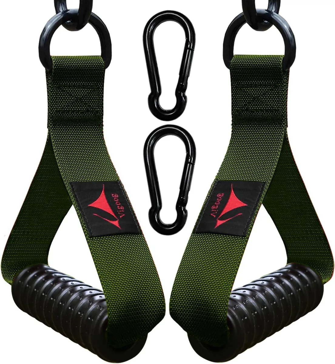 Pair of black rubber handles with textured grips, stainless steel D-rings and carabiners, wide woven straps