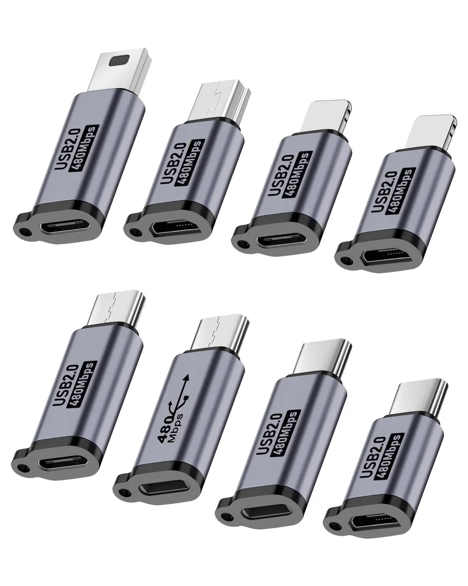 Eight silver USB adapters on a hanging rope, mixed connector types