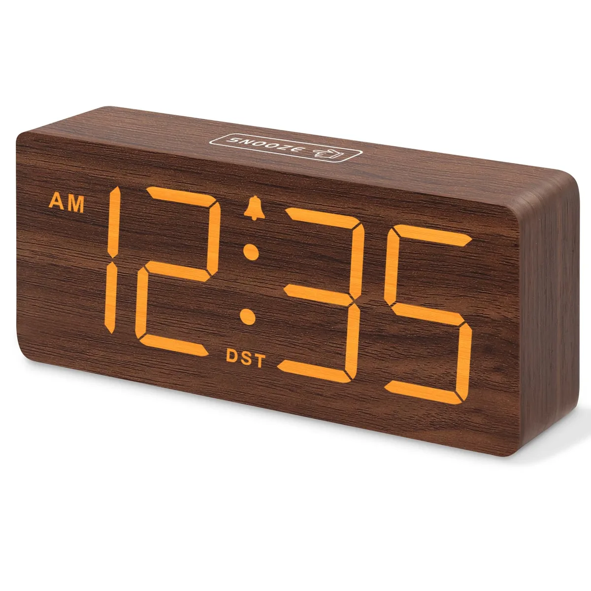 Brown wooden digital alarm clock, 6.1 inches wide, large display numbers, plug-in adapter included