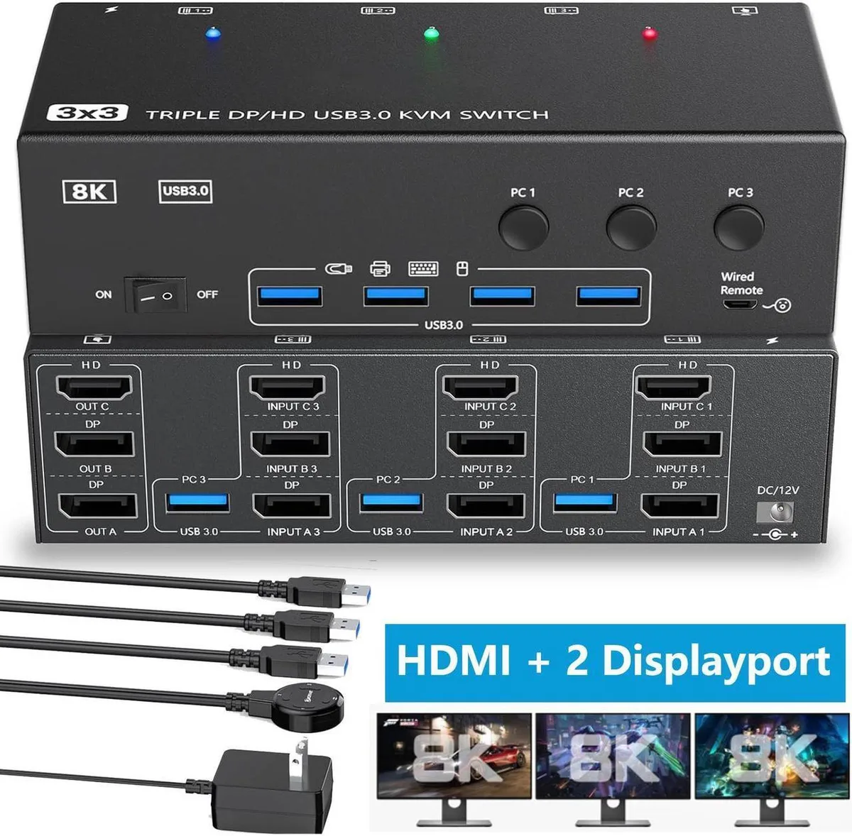 Vszerda Vszerda Triple Monitor KVM Switch 3 PC 3 Monitors 4 USB 3.0 Ports — product photo