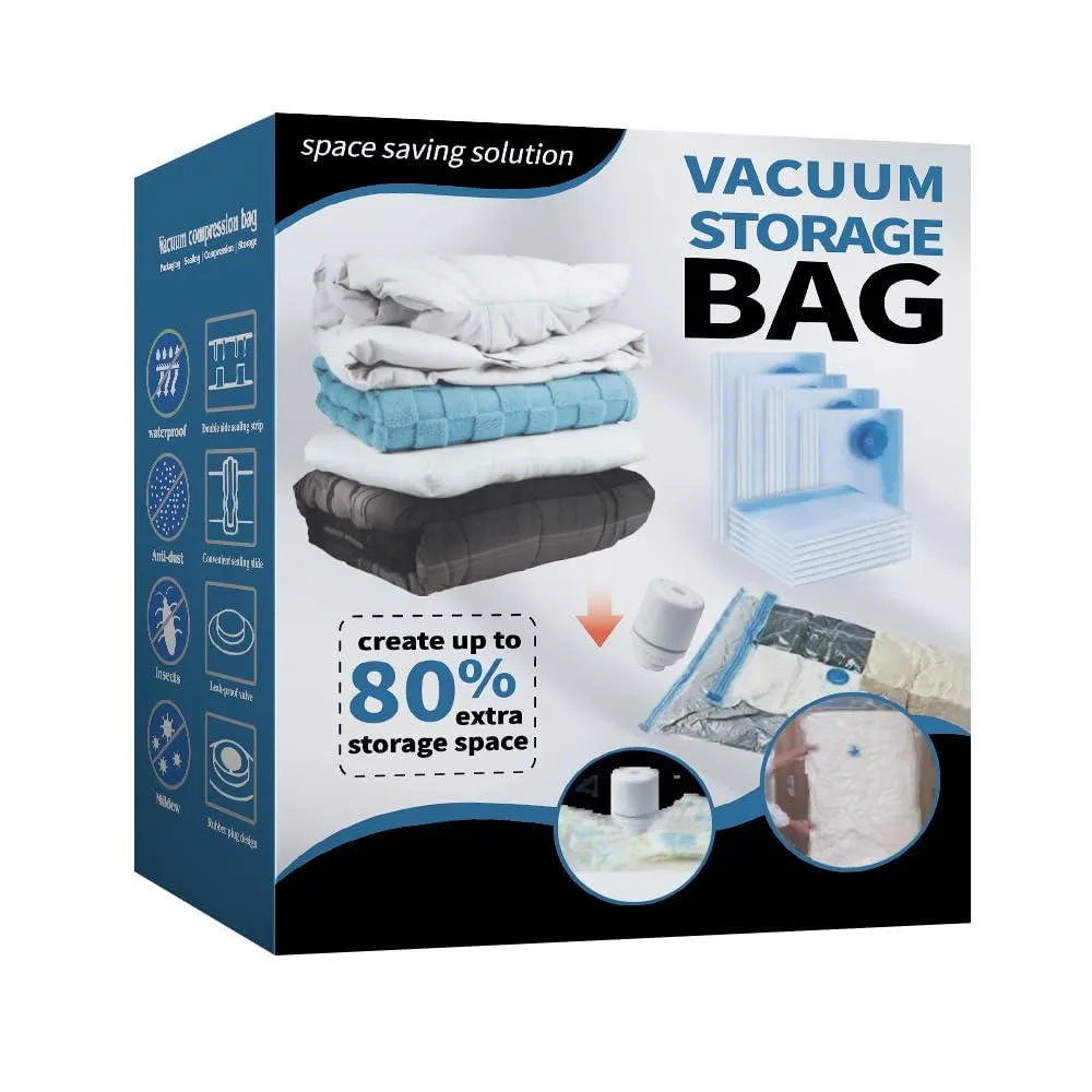 Clear rectangular vacuum storage bags in multiple sizes with electric pump, transparent PET material, zipper seals and air valves