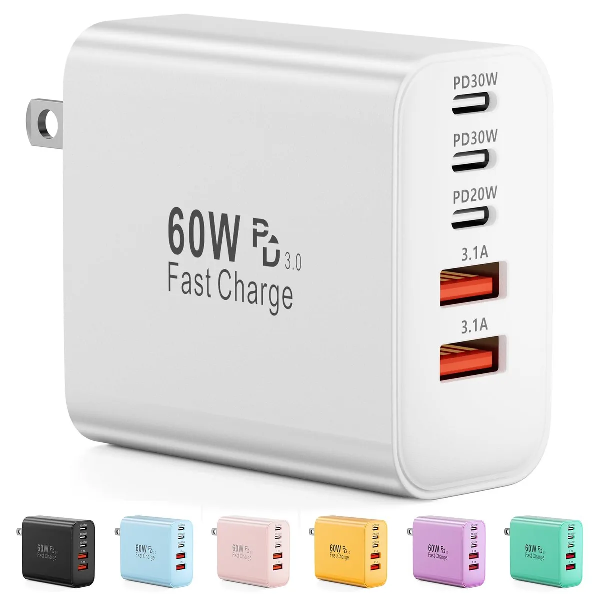 White rectangular wall charger with three USB-C and two USB-A ports