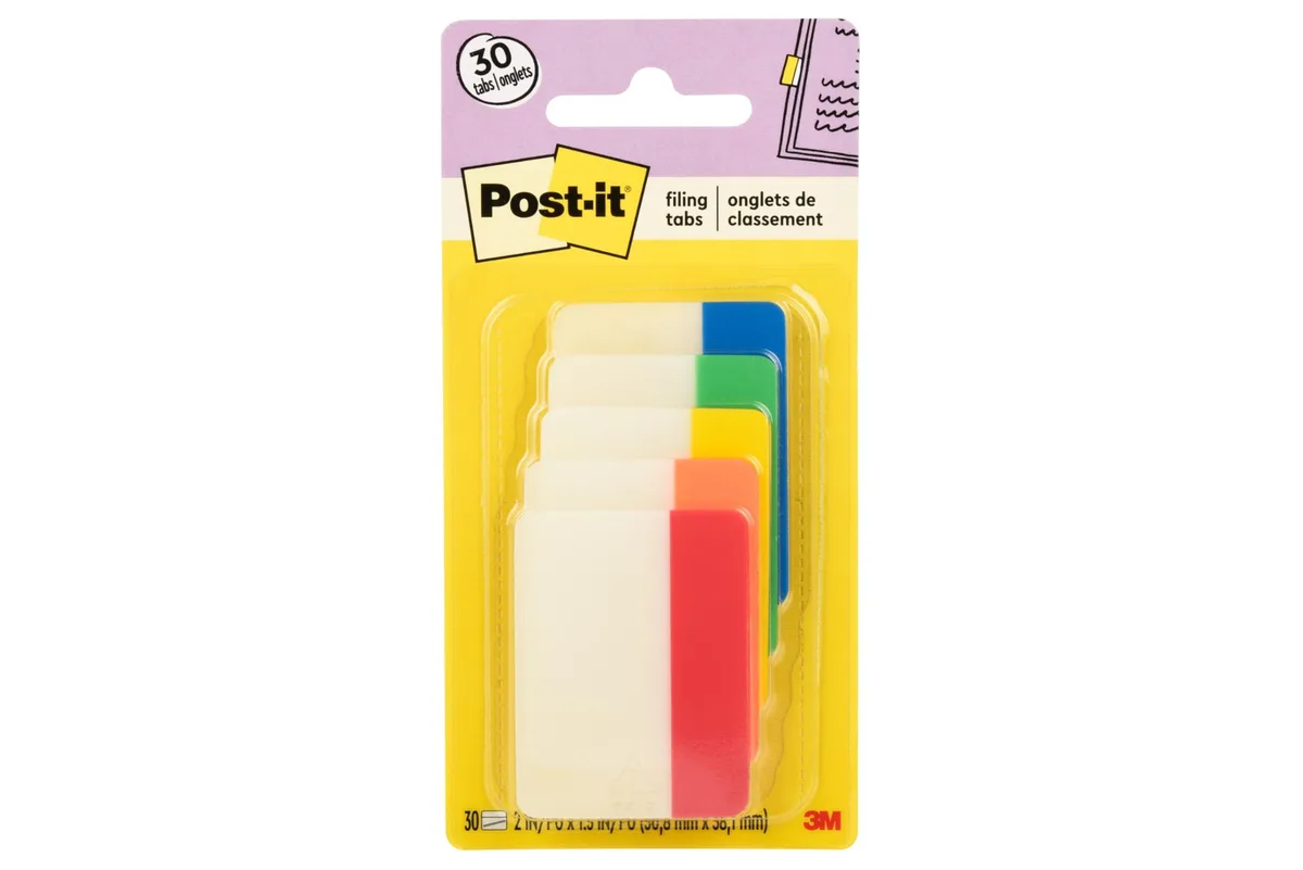 Five pads of square sticky tabs in yellow, red, green, blue and orange, thirty tabs total