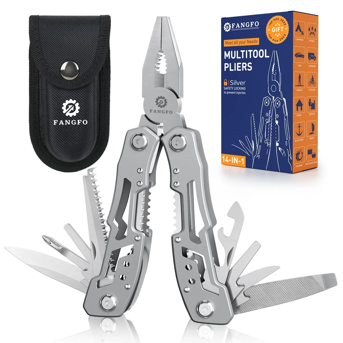Foldable stainless steel multitool pliers with blue handle, 14 functions, safety lock, nylon pouch