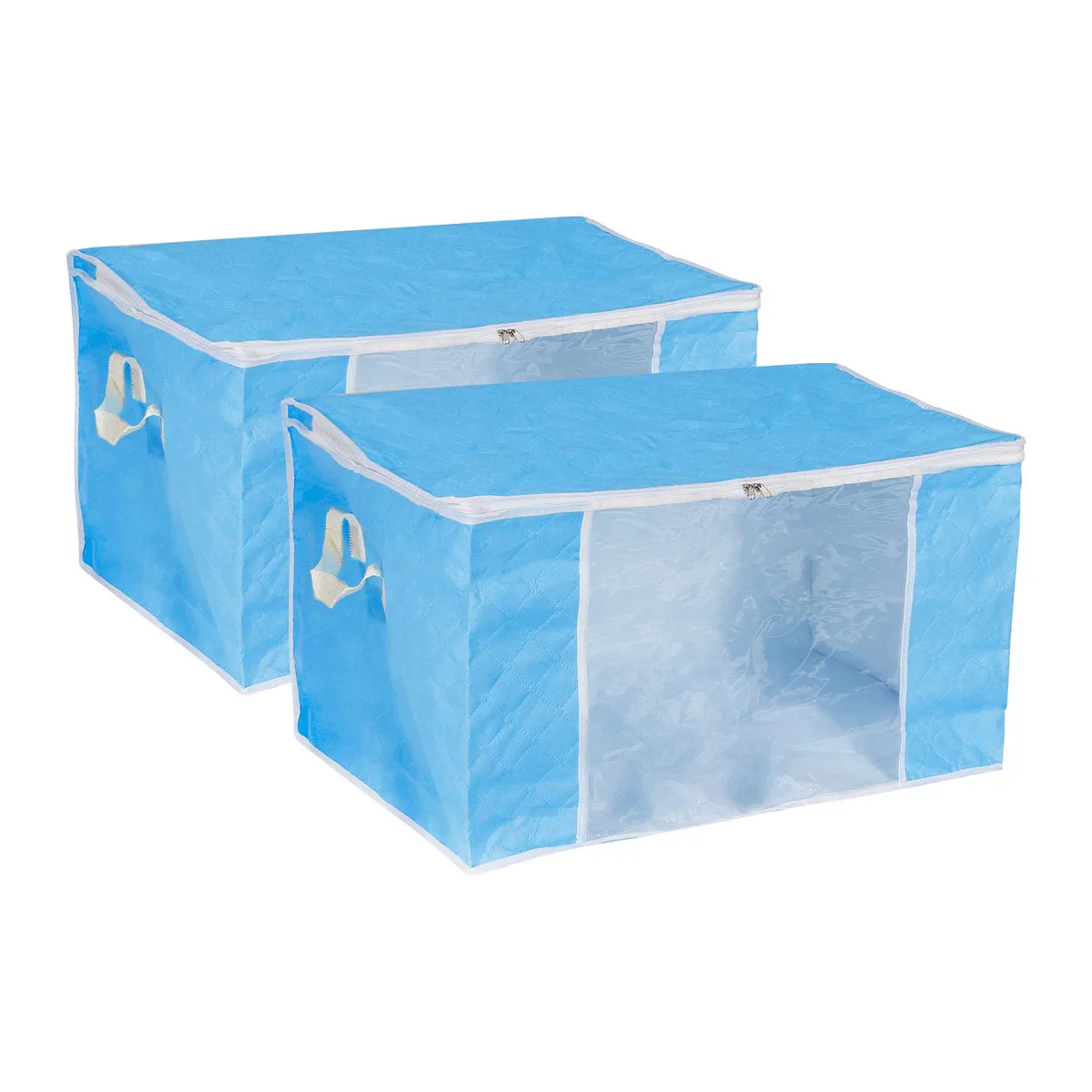 Sky blue foldable fabric storage bin, rectangular with zip top and reinforced handles