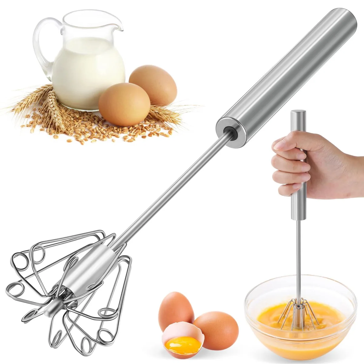 Silver stainless steel semi-automatic whisk, 12in long with spring mechanism and ergonomic handle