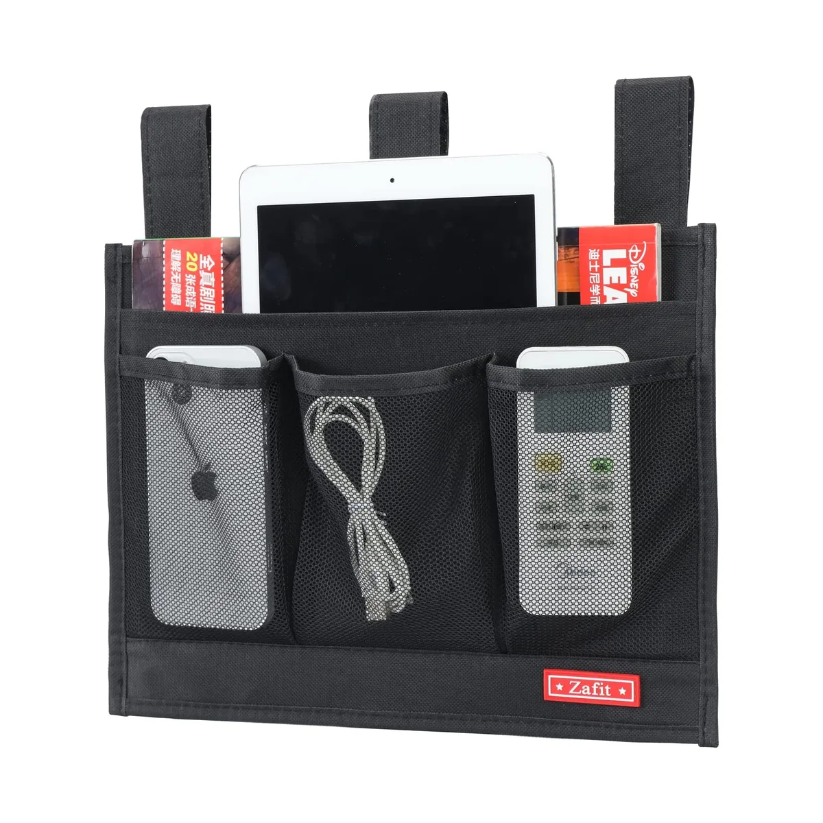 Black bedside caddy with four pockets and velcro straps