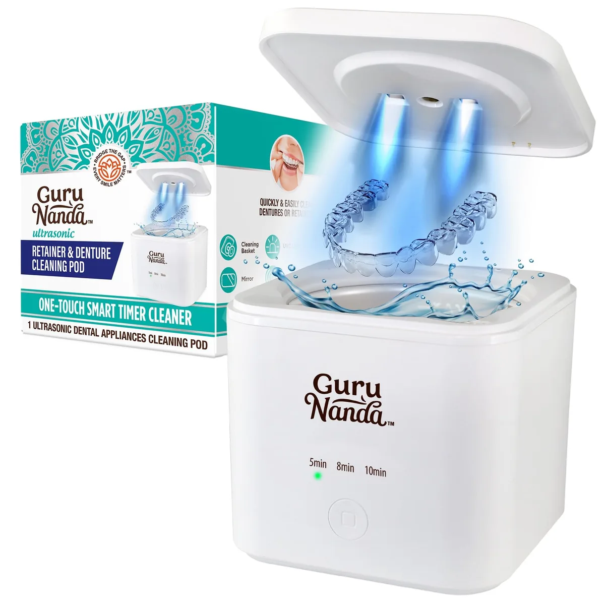 White ultrasonic cleaning pod with lid and control panel, compact rectangular shape