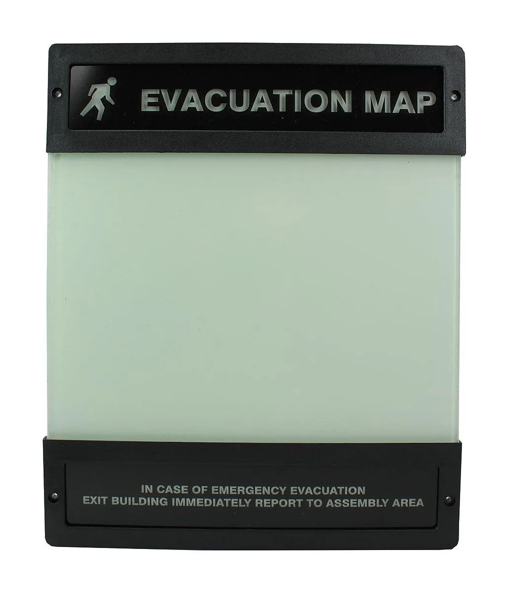 Clear polycarbonate evacuation map holder with rounded corners and mounting holes, 8-1/2 by 11 inches