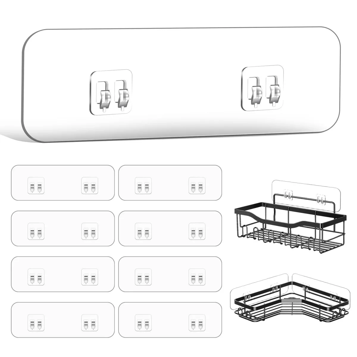 Nine transparent double-hook strips on a clear backing sheet