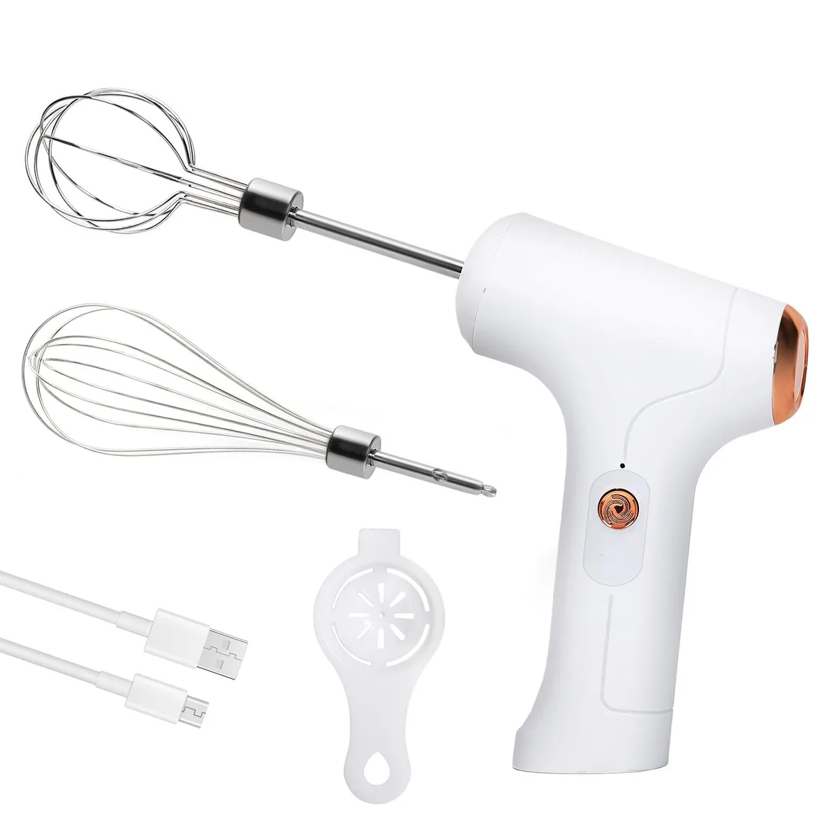 White cordless hand mixer with two detachable stainless steel beaters and USB charging cable
