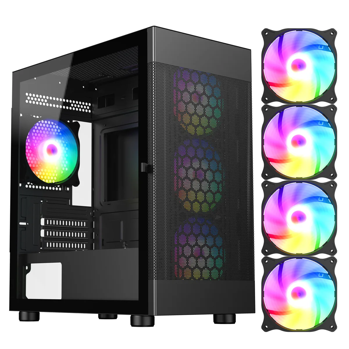DIYPC DIYPC ARGB-G5-BK Micro ATX PC case, black, tempered glass, 4 ARGB fans — product photo
