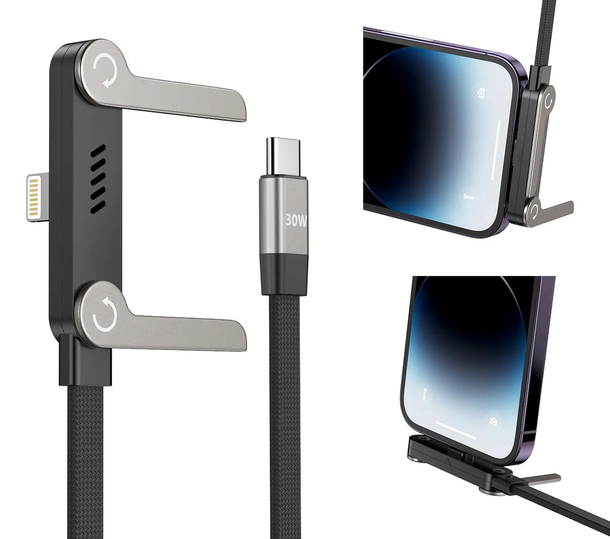 Black USB-C to Lightning cable with 90-degree connector and fold-out stand, flat braided finish