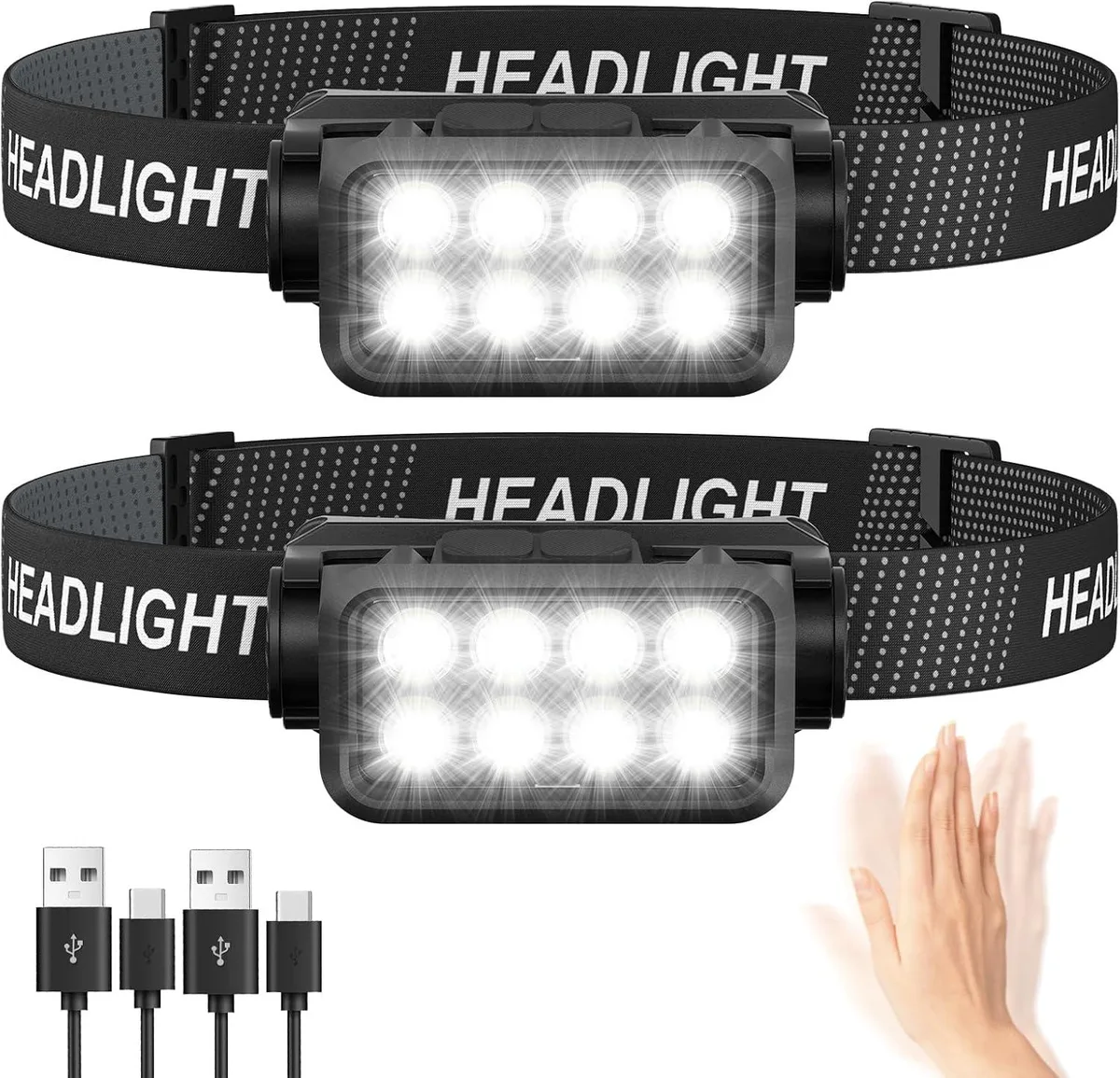 Two rechargeable headlamps with adjustable straps and eight LED bulbs each