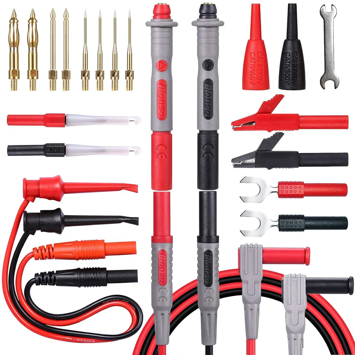 KEHIPI 25-piece multimeter leads kit with silicone test leads, gold-plated probes, alligator clips, test hooks