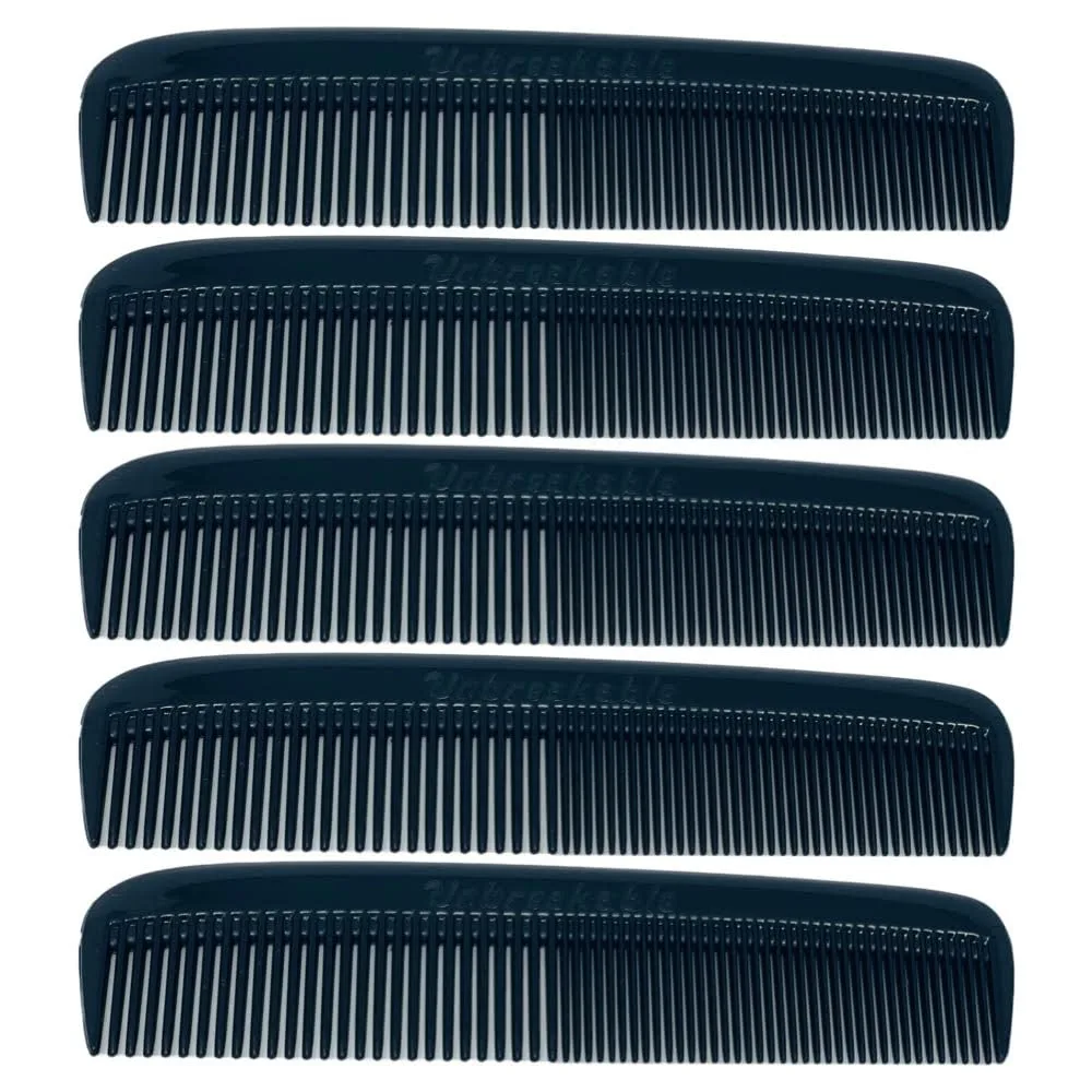 Five black plastic pocket combs with rounded teeth, 5-pack