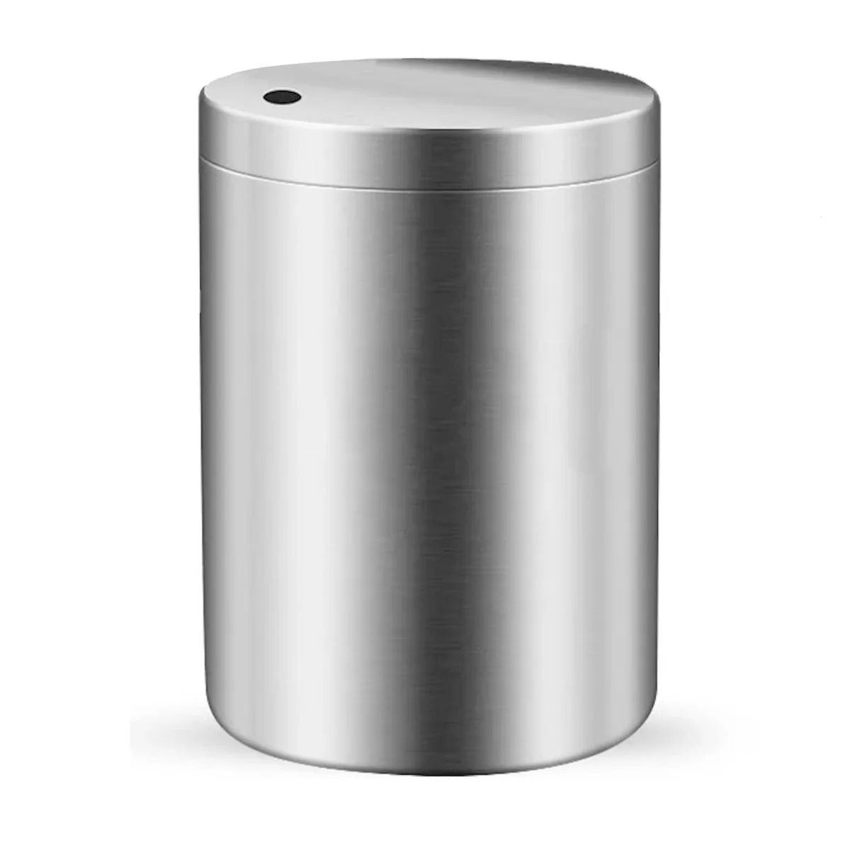 Black stainless steel toothpick dispenser, cylindrical with adjustable lid, 2.17 inch diameter, 3.15 inch height