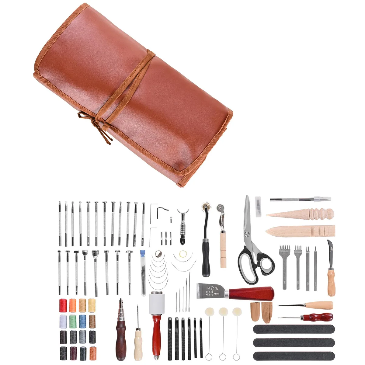 Open leather storage bag showing 92-piece tool kit with metal punches, wooden handles, waxed threads and needles