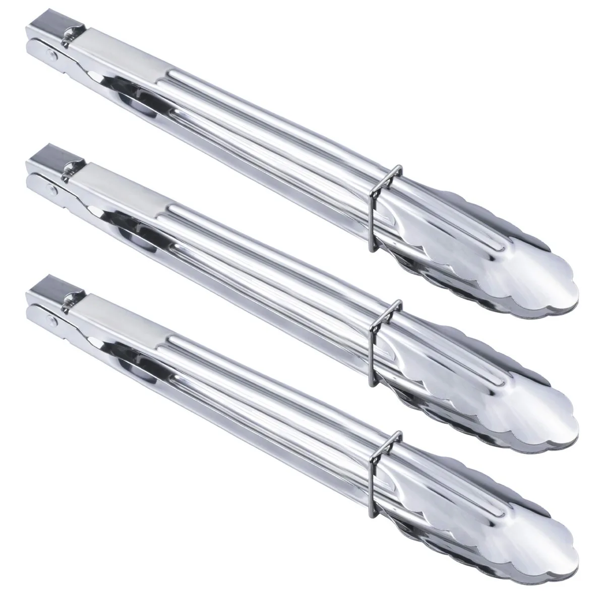 Three polished stainless steel 12-inch tongs with sliding lock rings and clam-shell heads