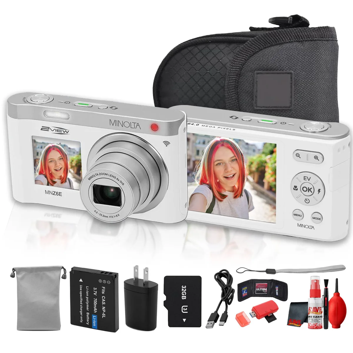 Minolta Minolta MNZ6E Dual Screen Camera Kit White 64MP 4K 6x Zoom 2.8in 1.5in 32GB 11 modes — product photo