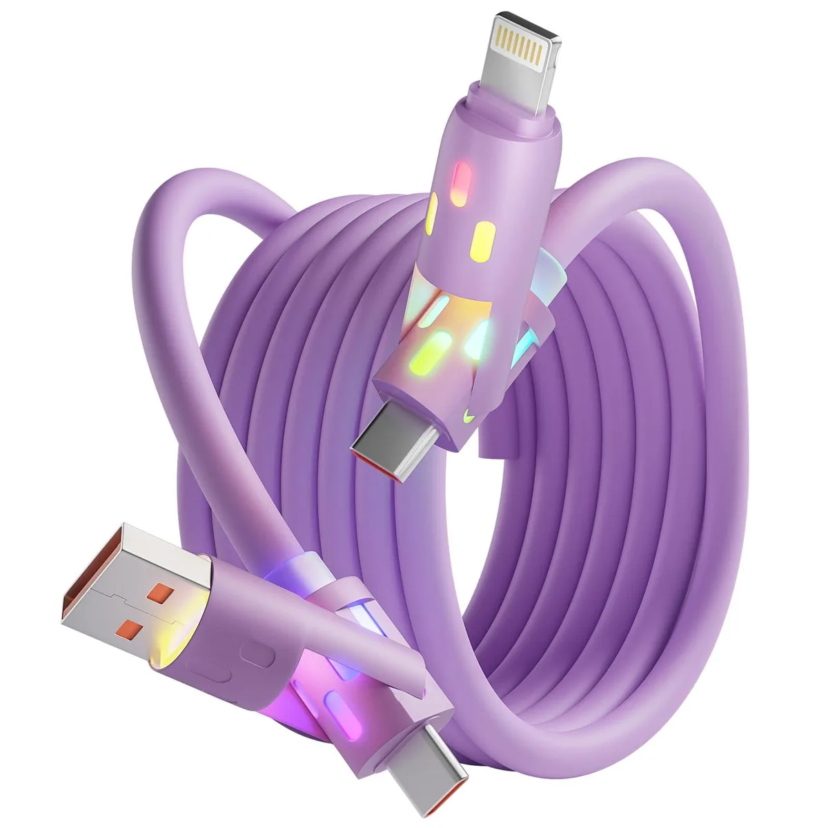 Purple 4-in-1 USB-C cable with four connectors and breathing light, 5 ft