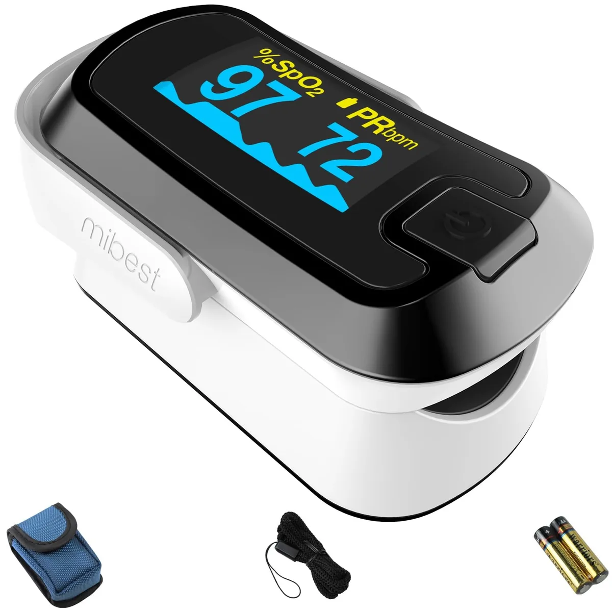 Black fingertip pulse oximeter with OLED display showing SpO2 and pulse rate, lanyard attached